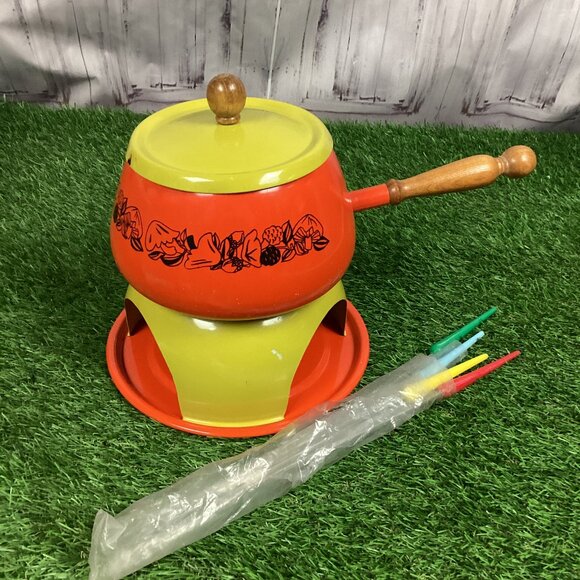 Vintage Mushroom Fondue Set Orange Green
